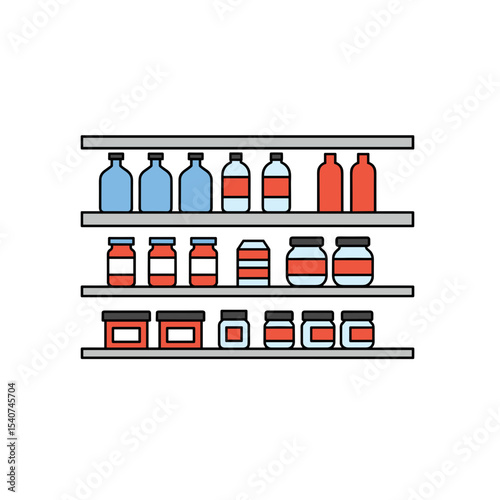 Product shelf icon featuring various jars and bottles in colorful design  