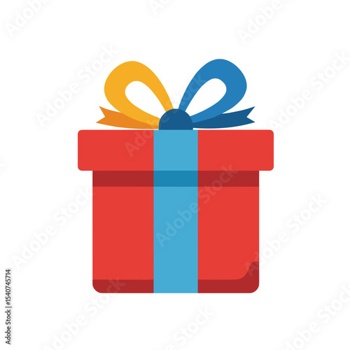 Red gift box with blue ribbon and yellow bow on white background  