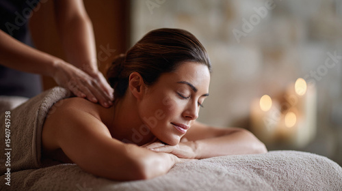 Serene woman receiving a back massage in a spa setting. Captures relaxation, wellbeing, and holistic health. Ideal for wellness and beauty content.