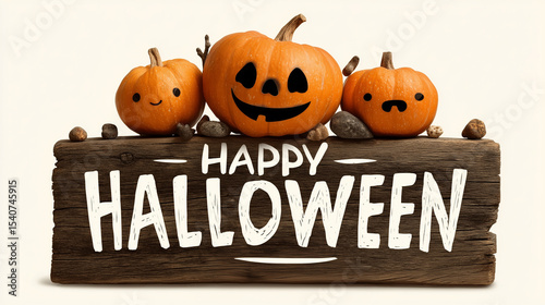 Halloween wooden sign displaying carved, decorated pumpkins with festive seasonal styling