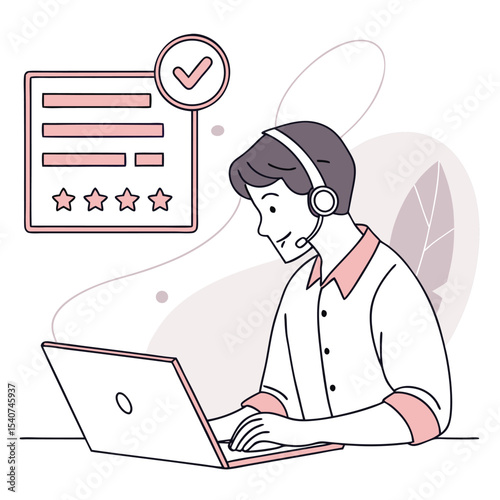 Customer service agent diligently reviews a positive feedback form on his laptop
