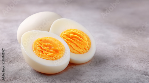 One whole hard-boiled egg and two halves showing the yolk and white sit on a gray surface