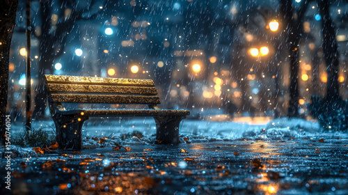 Empty park bench on a snowy night with blurred city lights background