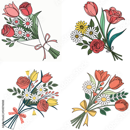 A bouquet of tulip, daisy, and rose in SVG vector style, colorful flat design, transparent background, clean layout