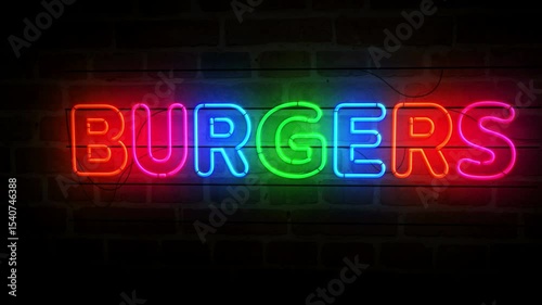 Burgers bar neon symbol on brick wall. Hamburger fast food restaurant light color bulbs abstract concept.
