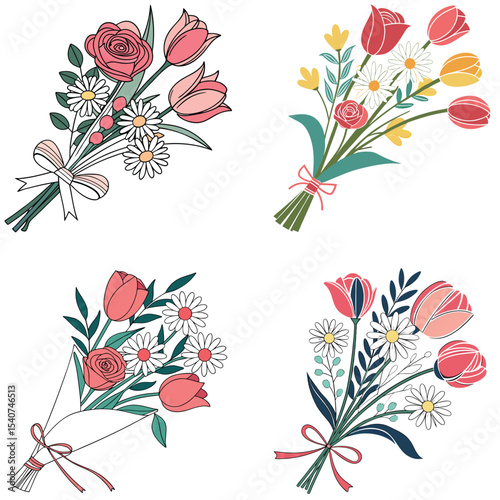 A bouquet of tulip, daisy, and rose in SVG vector style, colorful flat design, transparent background, clean layout