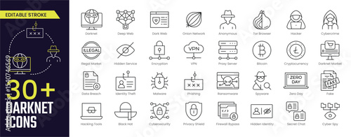 Darknet Stroke icon collections. Containing Darknet, Deep Web, Dark Web, Onion Network, Tor Browser, Hacker, Encryption, VPN, and Proxy Server icons. Editable Stroke icon collection Outline icon