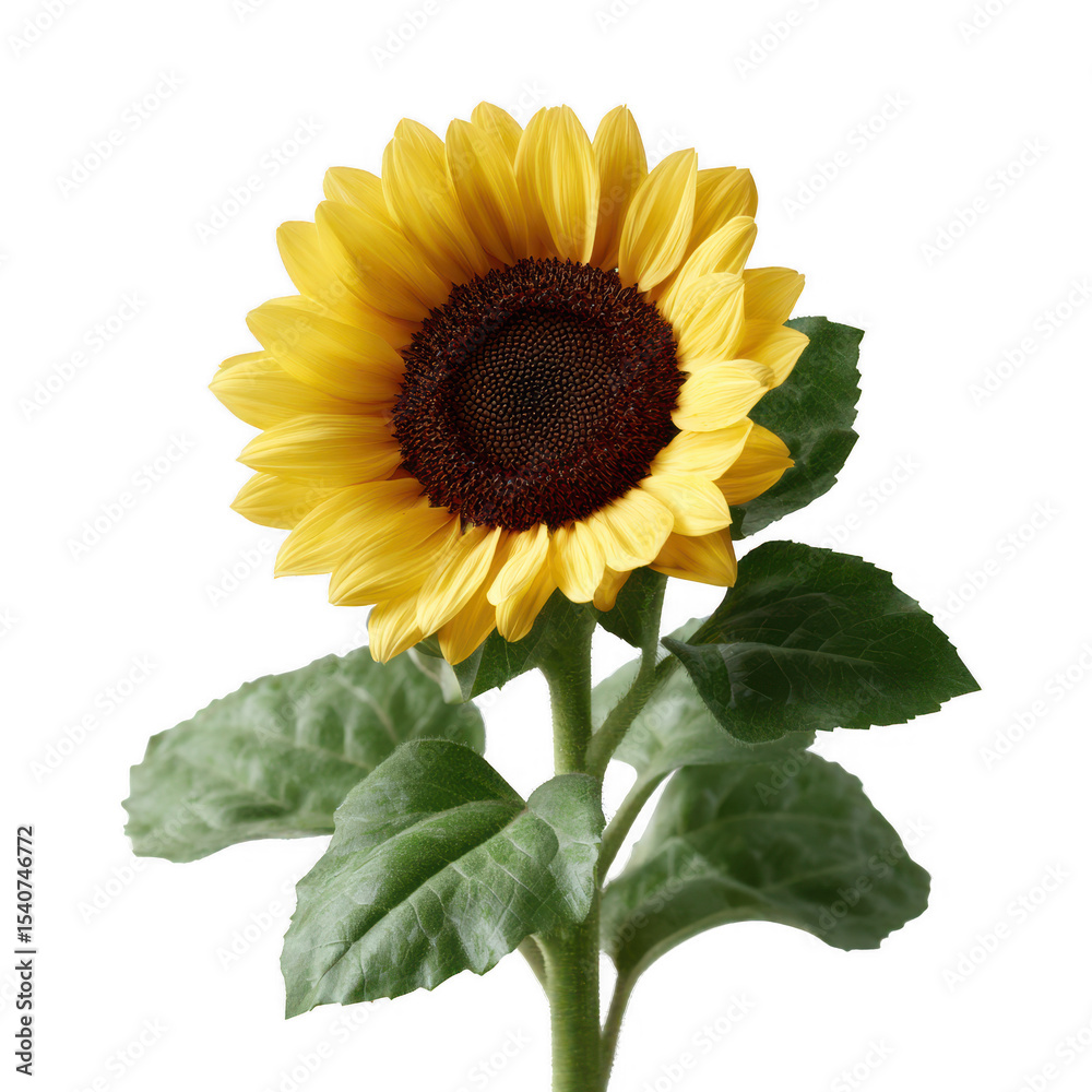 Obraz premium A vibrant sunflower with bright yellow petals and a rich brown center, surrounded by lush green leaves, ideal for floral decoration or nature-themed projects.