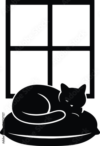 Silhouette cat sleeping on a pillow near window vector illustration