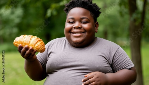 A young African boy smiles while holding a croissant in a green park. He has short curly black hair and is wearing a gray t-shirt. The scene highlights obesity issues.