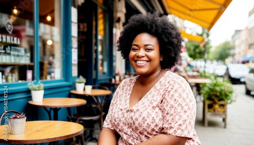 Smiling African woman with curly hair sitting at a café table. Bright outdoor setting with plants and colorful awnings. Casual atmosphere.