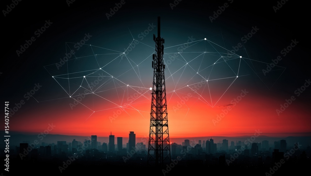 Fototapeta premium Communication Tower Sunset Cityscape
