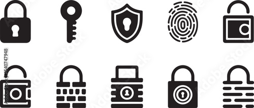 Black and white security icons set for digital use, a collection of black silhouette security icons on a white background vector art on white