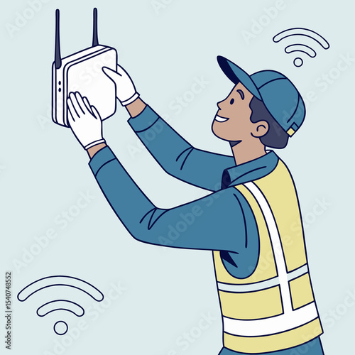 Isometric illustration of a technician mounting a wireless router on a blue wall for reliable internet coverage.