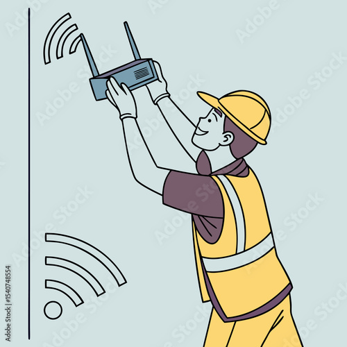 Professional technician installing a wireless WiFi router on a blue wall to provide high-speed internet in a home or office environment.