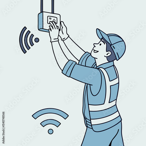 Technician setting up a WiFi router on a blue wall to deliver fast internet connectivity in residential or office space.