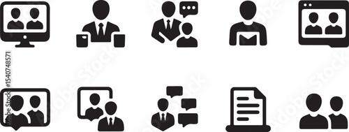 Business communication icons set for professional use, A collection of black and white business communication icons vector art on white