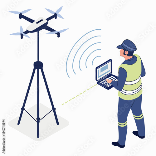 Anti-drone system process in isometric design showing radar scan, target acquisition, and electromagnetic signal neutralization.