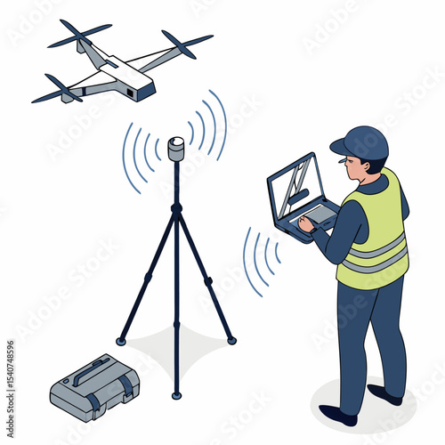Detailed isometric stages of a smart anti-drone system scanning airspace, tracking target UAV, and disabling it using electronic interference.