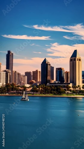 Wallpaper Mural Cityscape skyline view of modern buildings near the ocean with a sailboat on the water under a bright blue sky with clouds Torontodigital.ca