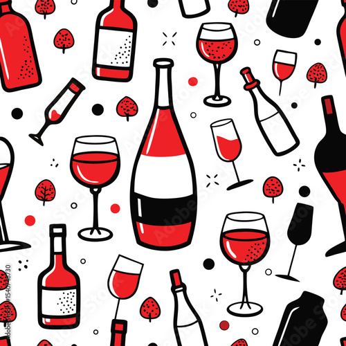 Seamless pattern featuring vector wine bottles and glasses, perfect for a vintage bar or restaurant design