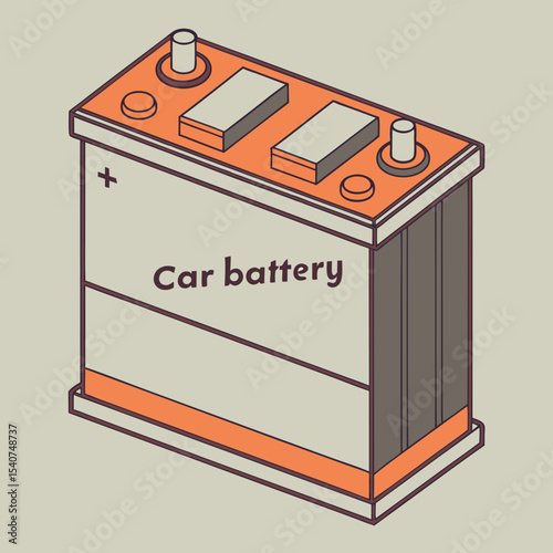 Car battery in isometric view featuring clearly marked terminals and sleek modern design for automotive energy applications.