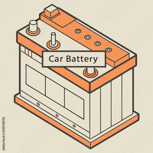 Isometric illustration of a car battery with labeled terminals and modern design used for automotive power and energy storage systems cartoon.