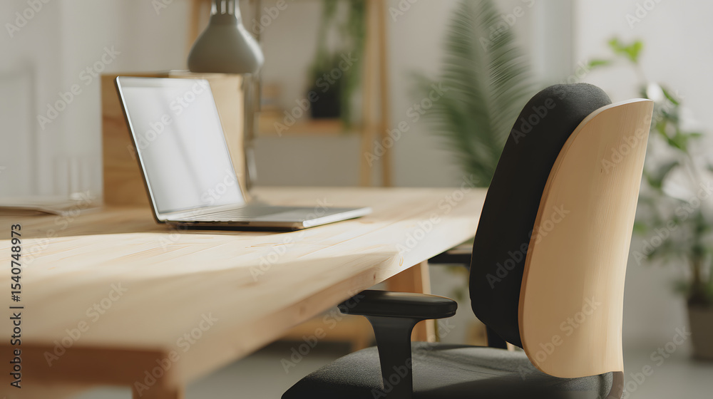 Fototapeta premium Modern Office Desk with Laptop and Comfortable Chair in Bright Workspace