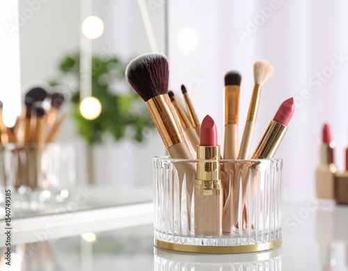 Assorted Makeup Brushes and Lipsticks in a Clear Glass Holder