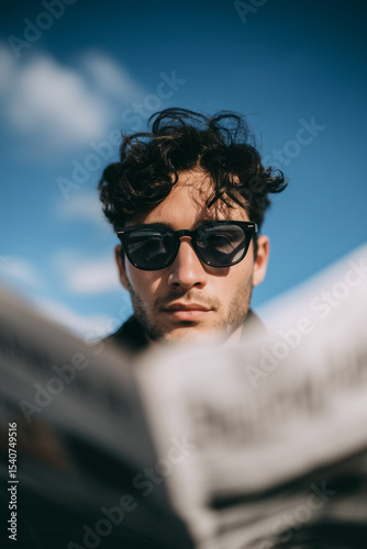 Urban professional reading newspaper, basking in sunlight, wearing trendy attire while relaxing outdoors on a bright, warm day