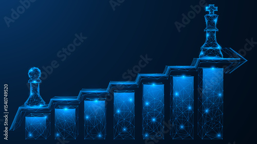 Growth chart, arrow of the path from pawn to queen.  Polygonal design of interconnected elements. Blue background.