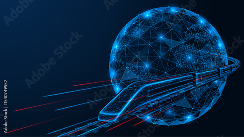 International railway route. The train travels around the planet Earth. Polygonal design of interconnected elements. Blue background.