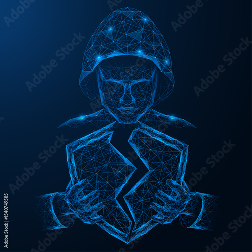 A broken cybersecurity shield in the hands of a hacker. Low-poly design of lines and dots. Blue background.