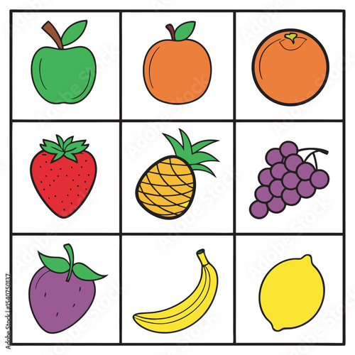 Illustrated grid of various colorful fruits for educational childrens materials and design elements