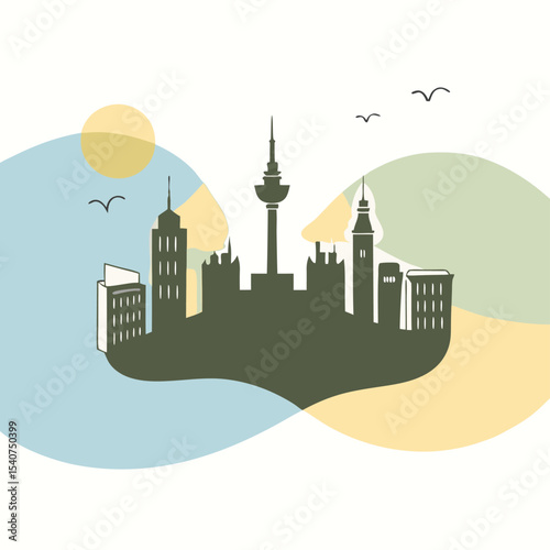 Stylized silhouette of hamburg cityscape with sun
