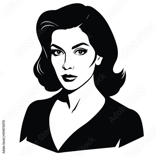 Retro style woman portrait black and white illustration