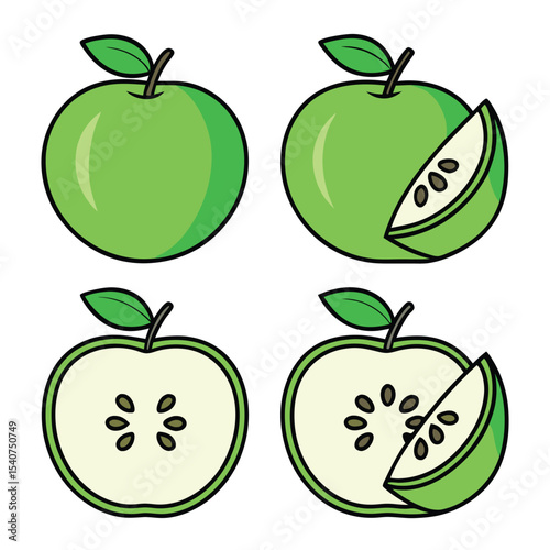 Set of fresh green apples isolated on white with whole and sliced fruit illustrations