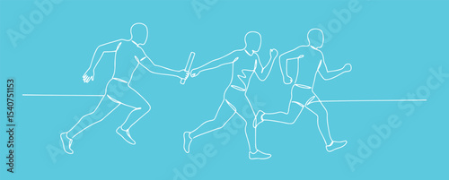 Relay runners passing the baton in motion depicted in minimalist line art style 