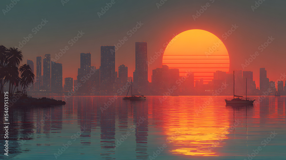 Obraz premium synth wave retro miami city landscape background at sunset digital illustration