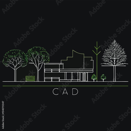 Modern house architectural cad drawing with trees