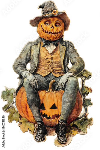 Pumpkin character dressed in a suit sitting on a large pumpkin during Halloween festivities