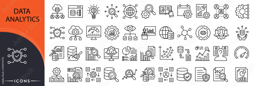 Fototapeta premium Data analytics related icon collections. Containing data, chart, graph, report, statistics, dashboard, analysis, metrics, insight, visualization icons. Outline icons.