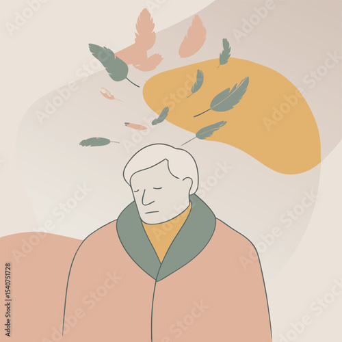 Man in coat with feathers falling around him