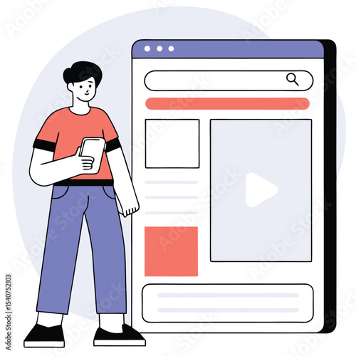 Young man holding mobile stands near browser window showing video, search bar