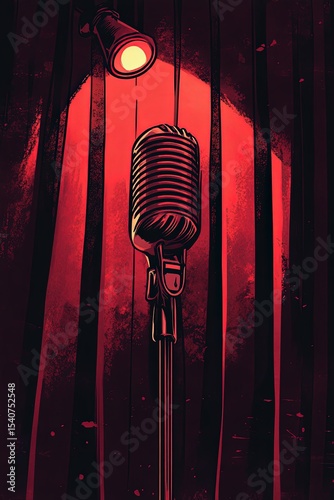 Microphone on Stand with Red Curtains and Spotlight