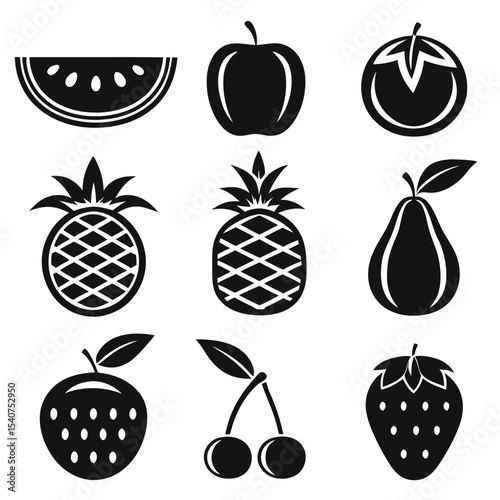 Vector illustration of black and white fruit icons including pineapple and watermelon