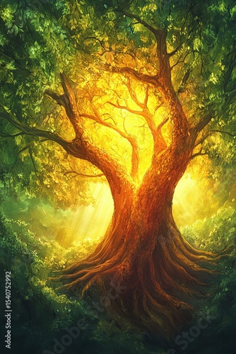 Tree Illustration with Sunlit Leaves and Roots