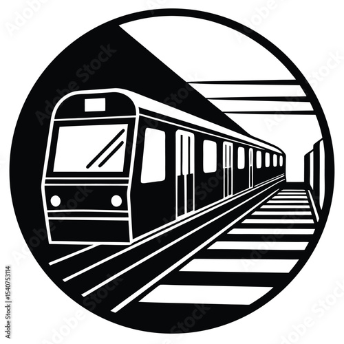 Subway train entering station black and white illustration