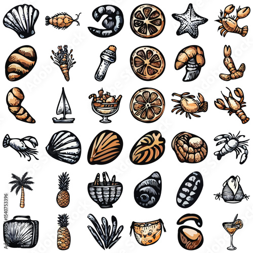Hand Drawn Summer Vacation Doodle Icons Set – Sea Food, Shells, Fruits, Travel Elements Vector in Adobe Illustrator Artwork