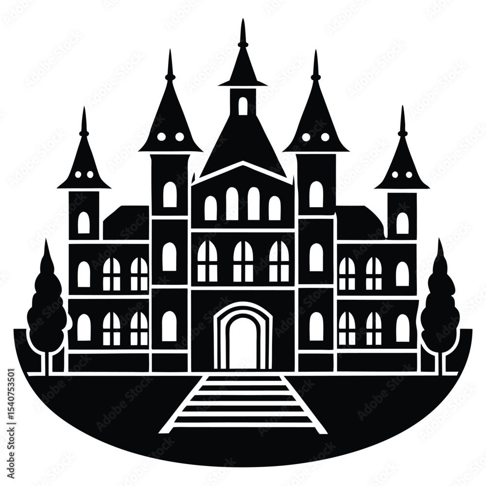 Fototapeta premium Black and white silhouette of a majestic castle